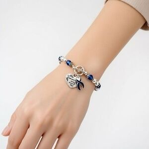 Dark Blue Ribbon Awareness Bracelet Colon Cancer Support Heart Charm